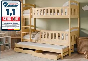 Kids Collective Etagenbett 90x200cm, 3 Schlafpl&auml;tze, umbaubar, mit Schubladen, Natur