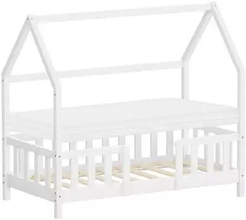 ML-Design Hausbett Kinderbett 70x140cm mit Matratze, Rausfallschutz & Lattenrost, wei&szlig;, Kiefernholz
