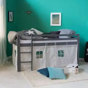Homestyle4u Hochbett 90x200 Massivholz, Vorhang grau mit Sternen, Treppe (1875)