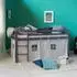 Homestyle4u Hochbett 90x200 Massivholz, Vorhang grau mit Sternen, Treppe (1875)