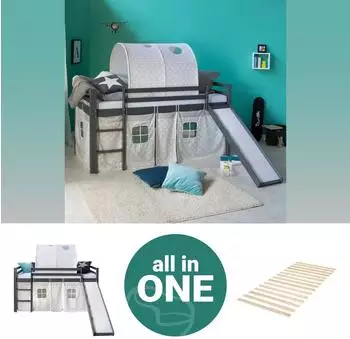 Homestyle4u Kinderhochbett 90x200 grau mit Rutsche und Tunnel (2781)