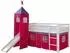 Homestyle4u Hochbett mit Rutsche, Turm und Vorhang, 90x200, Weiß/Pink (1553)