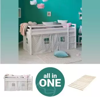 Homestyle4u Hochbett 90x200 mit Vorhang und Lattenrost, wei&szlig; (2765)