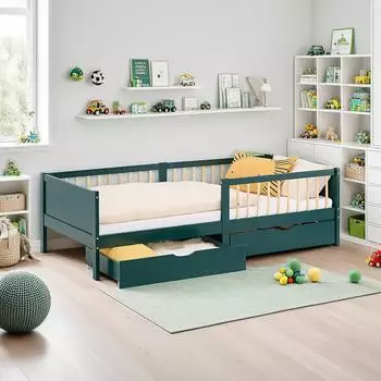 Homestyle4u Kinderbett 90x200 mit 2 Schubladen, Rausfallschutz, Matratze, Gr&uuml;n (3097)