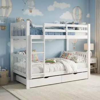 Homestyle4u Etagenbett 90x200cm Weiß Kiefer massiv mit Bettkasten, umbaubar (3051)