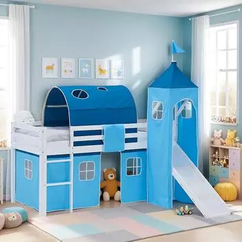 Homestyle4u Hochbett 90x200 mit Rutsche, Tunnel und Vorhang, weiß/blau (3001)