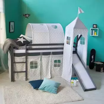 Homestyle4u Kinderhochbett 90x200cm mit Rutsche, Turm und Vorhang, grau
