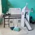 Homestyle4u Kinderhochbett 90x200cm mit Rutsche, Turm und Vorhang, grau