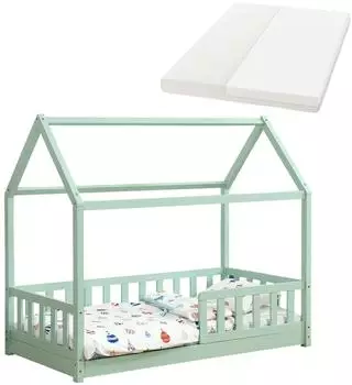Juskys Marli Kinderbett Hausbett mit Matratze & Rausfallschutz, Mint, 80x160cm