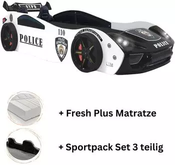 Aileenstore Autobett "Police" Kinderbett mit Sportsitzen, Lattenrost & LED, 90x200cm