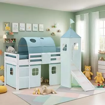 Homestyle4u Kinderhochbett 90x200 mit Rutsche, Turm und Tunnel, Kiefer, mintgr&uuml;n/wei&szlig; (2941)