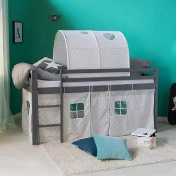 Homestyle4u Hochbett 90x200 Massivholz mit Tunnel & Vorhang, Grau
