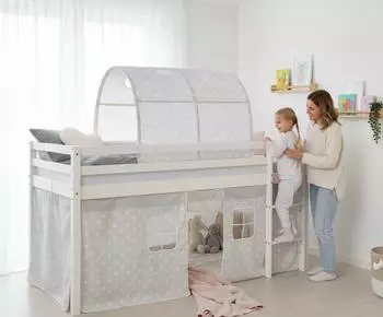 Homestyle4u Hochbett 90x200 Holz, wei&szlig;, mit Vorhang und Tunnel (1889)