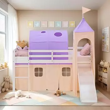 Homestyle4u Kinderhochbett 90x200 mit Rutsche, Turm, Tunnel & Vorhang, Kiefer, Lila/Peach (2953)