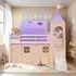 Homestyle4u Kinderhochbett 90x200 mit Rutsche, Turm, Tunnel & Vorhang, Kiefer, Lila/Peach (2953)