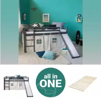 Homestyle4u Hochbett 90x200 Kinder, Holz grau, mit Rutsche & Vorhang (2779)