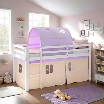Homestyle4u Hochbett 90x200 Kiefer wei&szlig;/lila mit Tunnel und Rausfallschutz (2955)