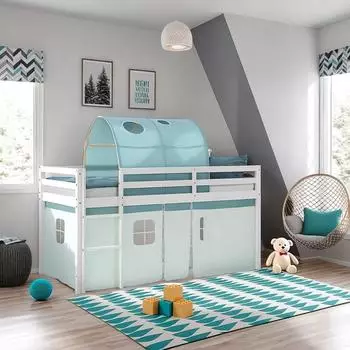 Homestyle4u Hochbett 90x200 Massivholz mit Vorhang und Tunnel, Gr&uuml;n (2931)