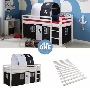 Homestyle4u Hochbett 90x200 Kinderbett mit Lattenrost, Vorhang, Tunnel, Piraten (2539)