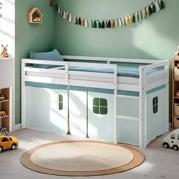 Homestyle4u Hochbett 90x200 Kiefer Wei&szlig; mit Lattenrost & Vorhang Mint (2936)