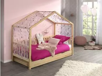 Vipack Dallas Hausbett 90x200 mit Bettkasten und Voile, Kiefer massiv (Dallas)
