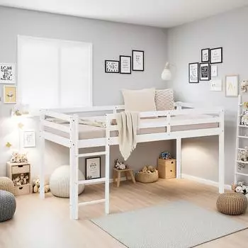 Homestyle4u Hochbett 90x200cm mit Lattenrost und Treppe, Kiefer wei&szlig; (2252)