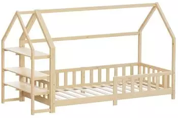ML-Design Hausbett 90x200cm mit Rausfallschutz, Regal & Dach, Kiefer natur (Montessori Bodenbett)