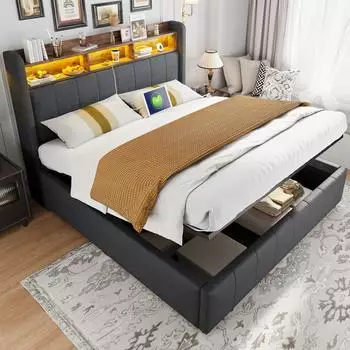 OKWISH Hochbett 140x200 mit Schreibtisch, Leiter-Stauraum, USB und LED, schwarz (ohne Matratze)