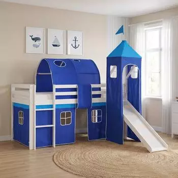 Homestyle4u Kinderhochbett 90x200 mit Rutsche, Turm und Matratze, wei&szlig;/blau (2573)
