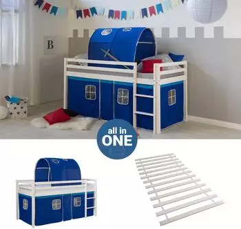 Homestyle4u Hochbett 90x200 Kinderbett Wei&szlig;/Blau mit Tunnel und Lattenrost (2563)