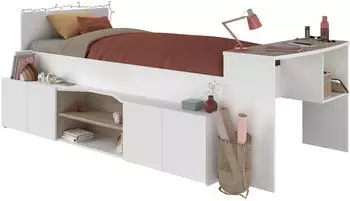 Parisot Cleo 1 Hochbett mit Schreibtisch und Regalen, wei&szlig;e Eiche
