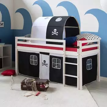 Homestyle4u Kinderhochbett Pirat 90x200, Kiefer wei&szlig;, Vorhang & Tunnel