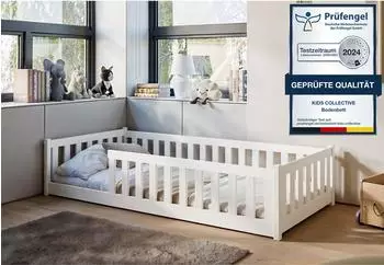 Kids Collective Montessori Bodenbett 80x180cm mit Matratze, Rausfallschutz & Lattenrost, wei&szlig; Kiefer