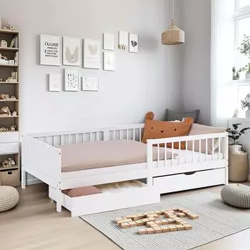 Homestyle4u Kinderbett 90x200 mit Rausfallschutz und 2 Bettk&auml;sten, wei&szlig; (2911)
