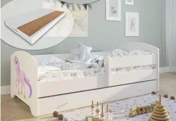 Kids Collective Kinderbett 80x160cm Komplettset mit Matratze, Schublade & Rausfallschutz, wei&szlig;, Einhorn-Motiv (K2145)
