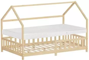 ML-Design Hausbett Kinderbett 120x200cm mit Matratze, Lattenrost & Rausfallschutz, Kiefernholz, natur (490019315)