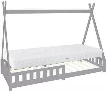 ML-Design Tipi Kinderbett 90x200cm, Kiefernholz, hellgrau, mit Matratze & Lattenrost