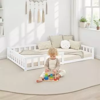 Homestyle4u Kinderbett Bodenbett wei&szlig;, Holz, 120x200cm, Rausfallschutz (2838)