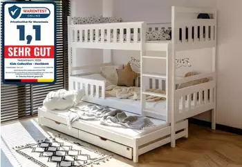 Kids Collective Hochbett 90x200 mit Ausziehbett, 3 Matratzen, 2 Schubladen, weiß