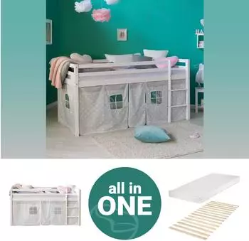 Homestyle4u Hochbett 90x200 Kinderbett, Holz massiv, weiß, Vorhang grau (2771)