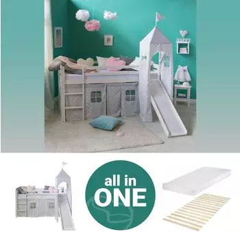 Homestyle4u Kinderhochbett 90x200 weiß mit Rutsche, Turm & Matratze, Kiefer massiv (2774)