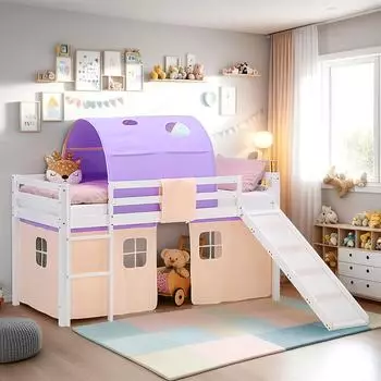 Homestyle4u Hochbett 90x200 Kiefer, weiß/lila, mit Rutsche, Tunnel & Vorhang (2964)