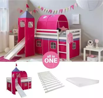 Homestyle4u Kinderhochbett 90x200cm mit Rutsche, Turm und Matratze, weiß/pink (2585)