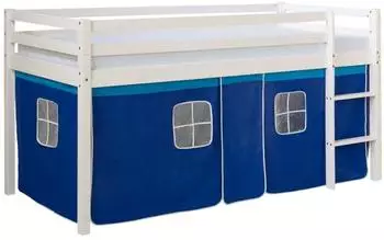 Homestyle4u Hochbett 90x200 Kinderbett mit Treppe, Vorhang, blau (2568)