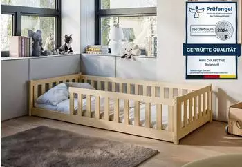 Kids Collective Montessori Bodenbett 80x160cm mit Matratze, Rausfallschutz & Lattenrost, Kiefer massiv natur