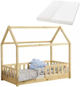 Juskys Marli Kinderbett Hausbett mit Matratze, Lattenrost & Rausfallschutz, 80x160cm, natur (Marli)