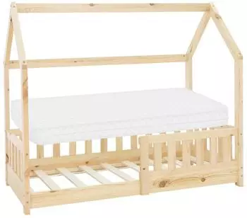 ML-Design Hausbett mit Dach, Matratze & Rausfallschutz, Kiefernholz, 70x140cm, natur