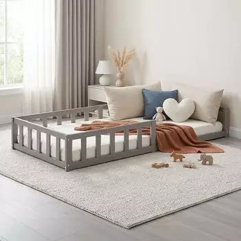 Homestyle4u Kinderbett Montessori 90x200 grau mit Matratze und Rausfallschutz (3123)