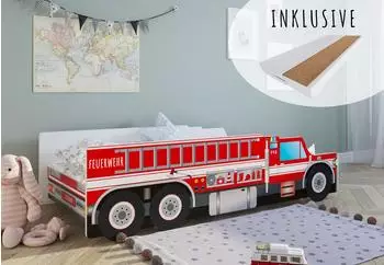 Kids Collective Feuerwehrauto-Kinderbett mit Matratze, Lattenrost & Rausfallschutz, 80x160cm