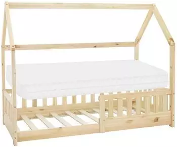 ML-Design Hausbett 80x160cm mit Matratze, Lattenrost und Rausfallschutz, Kiefernholz, natur